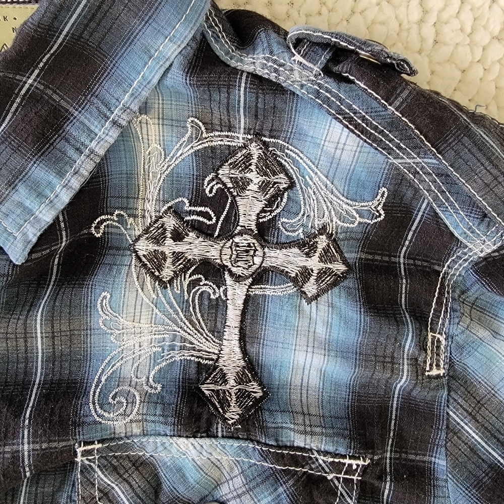 Supply Company USA Blue Plaid Affliction Style Black Pearl Snap Shirt Size L - Picture 8 of 12